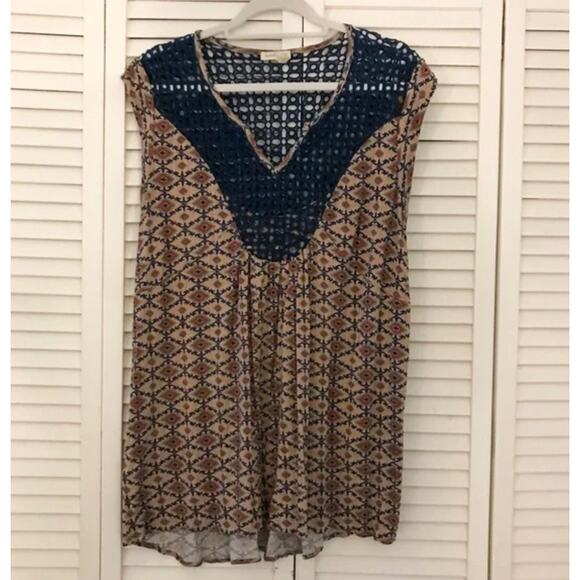 EUC Anthropologie Meadow Rue Lace Crochet Sleeveless Top Tunic Tan Navy Boho - Picture 10 of 10